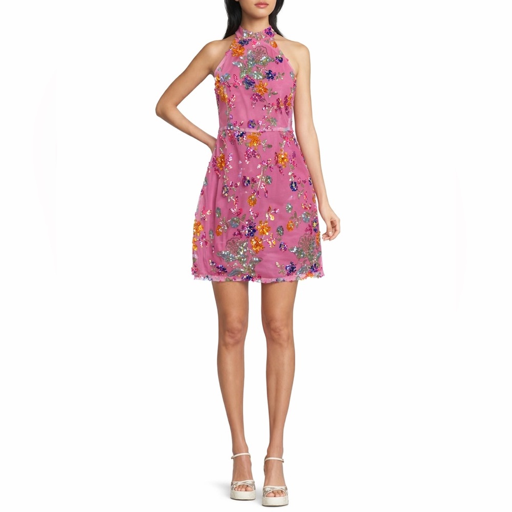 DEE ELLY Jr. Sequin Floral Halter Mini Dress Prom Party Wedding | Size L 11-13